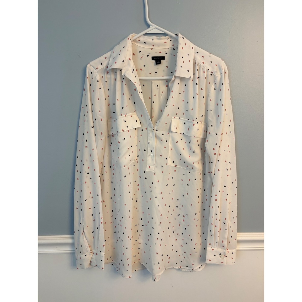 Ann Taylor Womens Large White Pink Black Geometric Print Button Down Blouse Top
